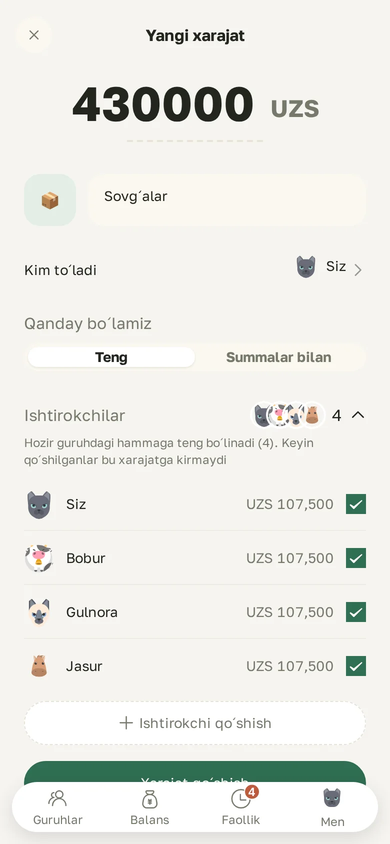 Yangi xarajat: summa, kim toʻladi, teng yoki summalar boʻyicha boʻlish