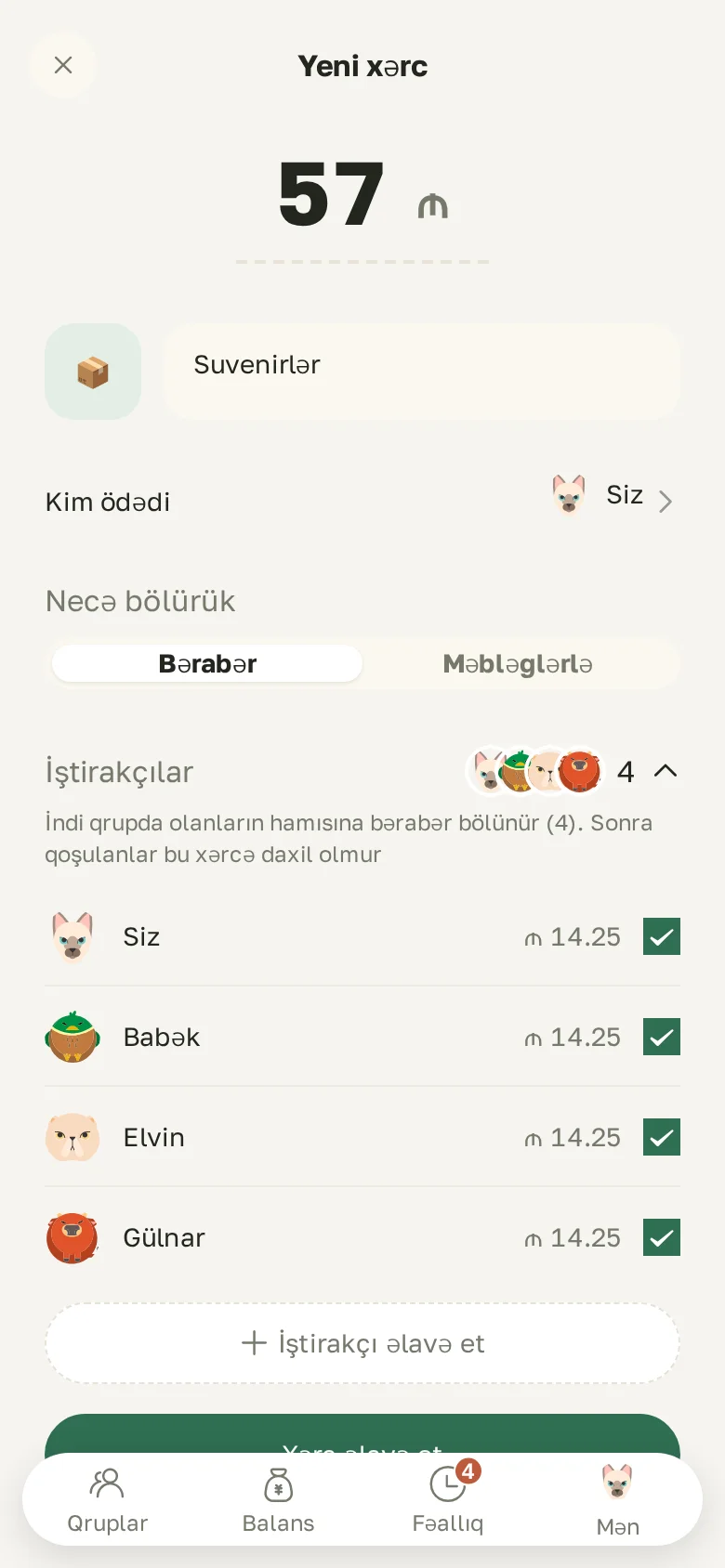 Yeni xərc: məbləğ, kim ödədi, bərabər və ya məbləğlərlə bölmə