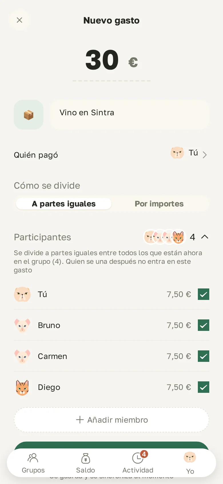 Gasto nuevo: importe, quién pagó, reparto a partes iguales o por importes