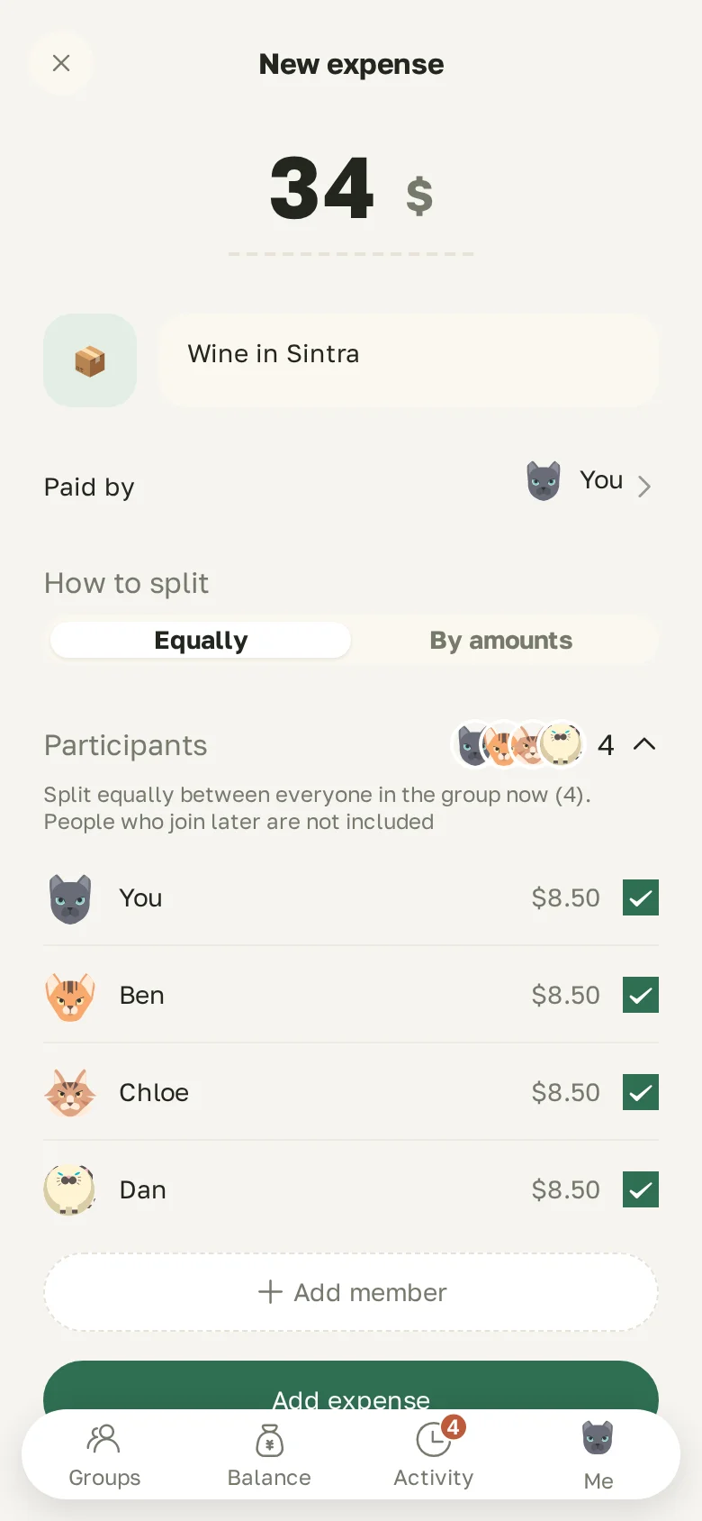 New expense: amount, who paid, split equally or by amounts