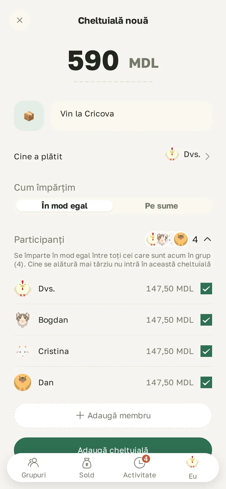 Cheltuială nouă: suma, cine a plătit, împărțire egală sau pe sume