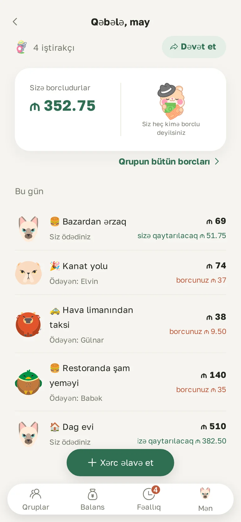 Qrup ekranı: sizə nə qədər borcludurlar və günlər üzrə xərclər
