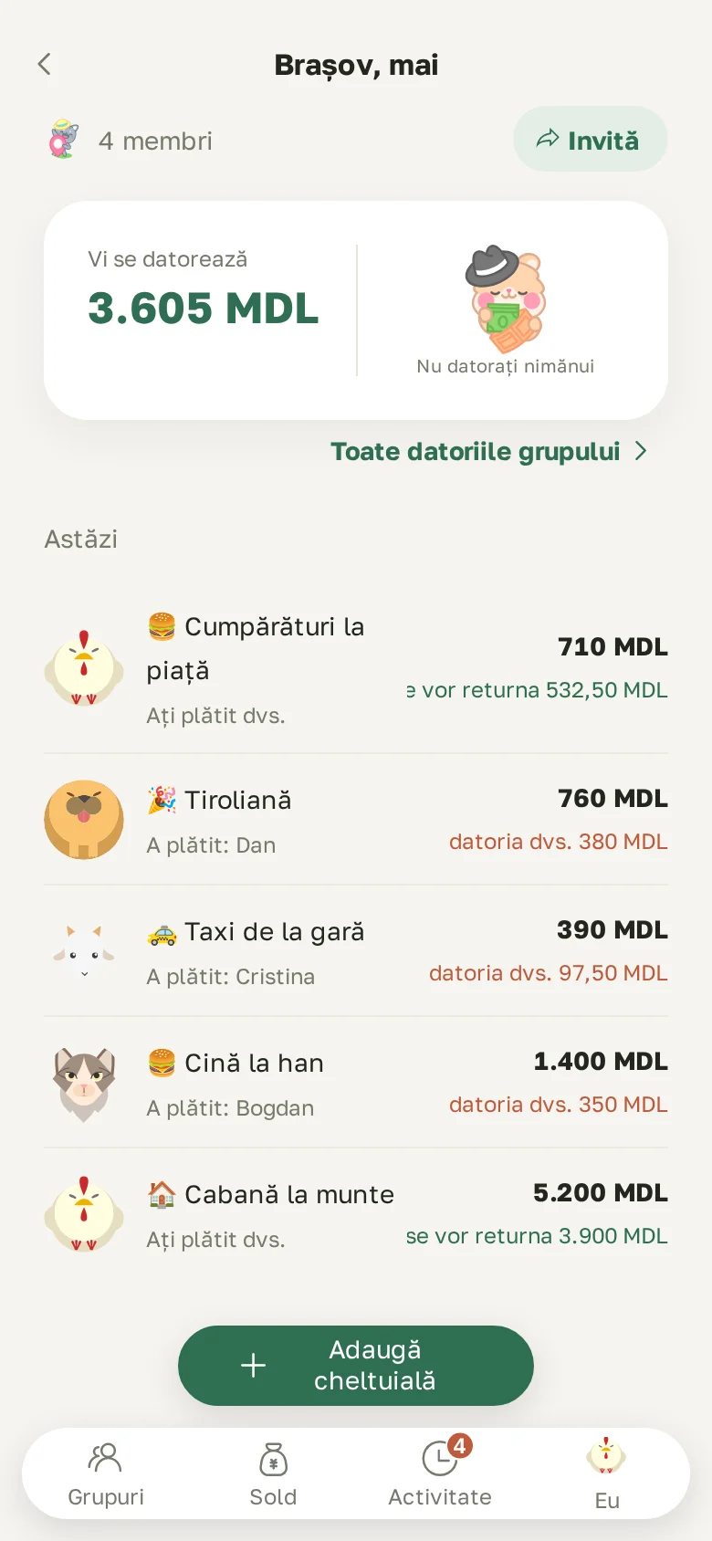 Ecranul grupului: cât ți se datorează și cheltuielile pe zile