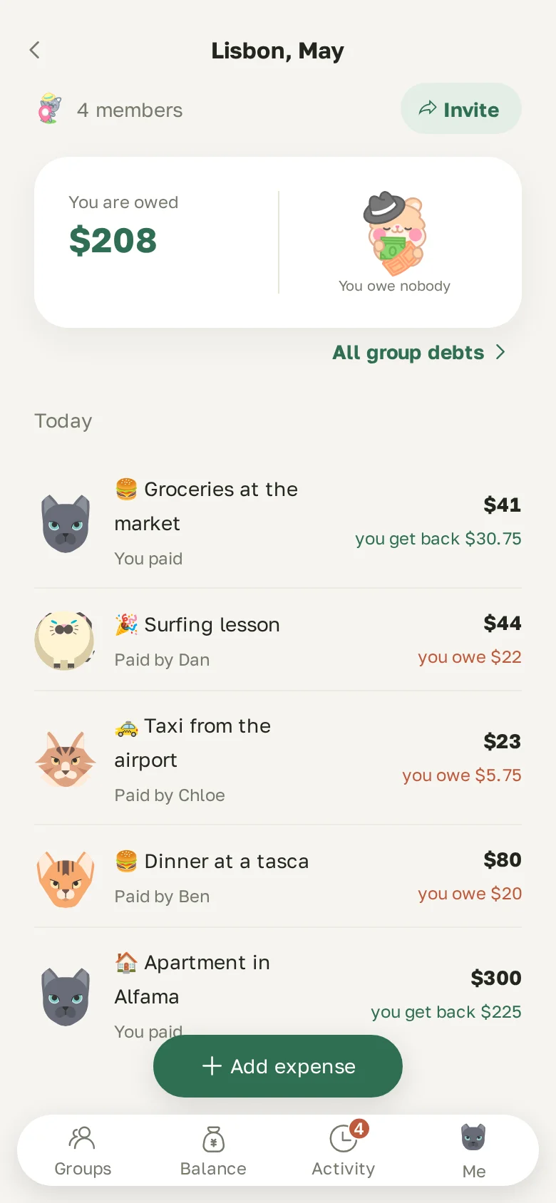 Group screen: how much you are owed and the expense feed by day