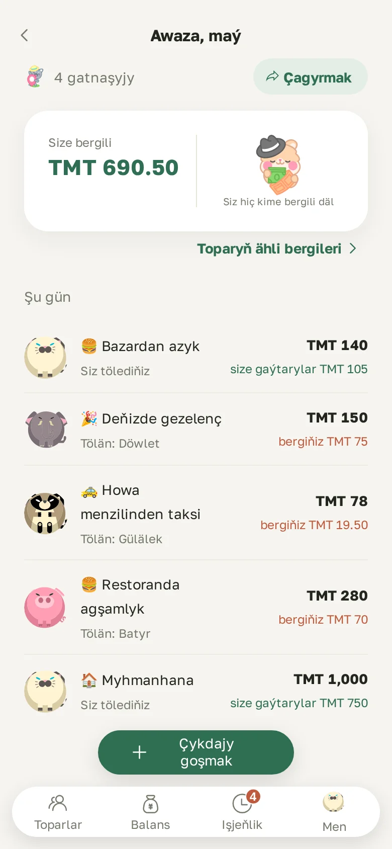 Toparyň ekrany: size näçe bergili we günler boýunça çykdajylar