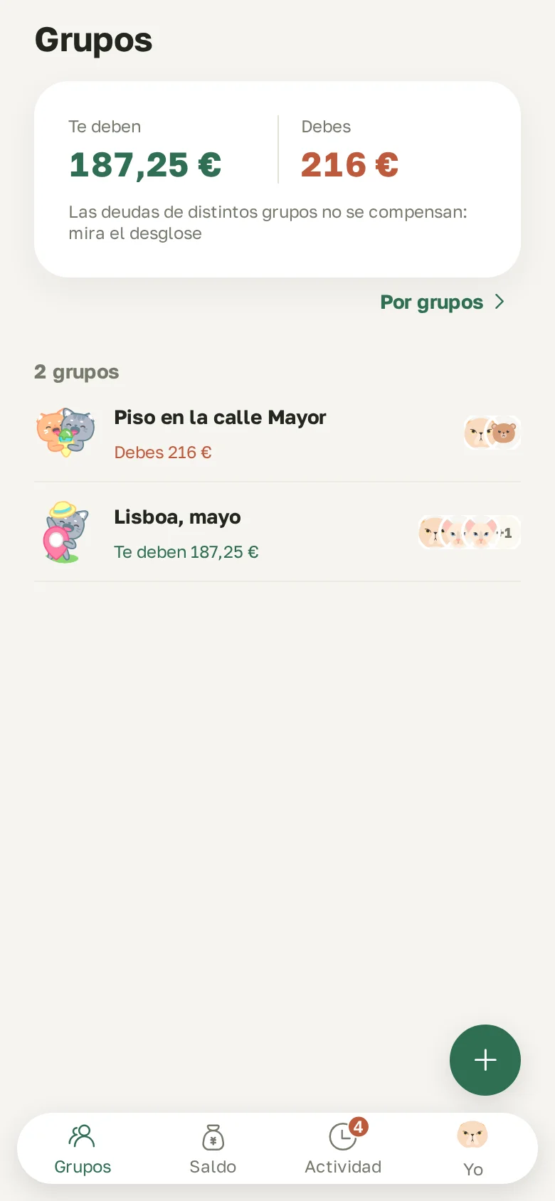 Pantalla principal: cuánto te deben y cuánto debes en todos los grupos