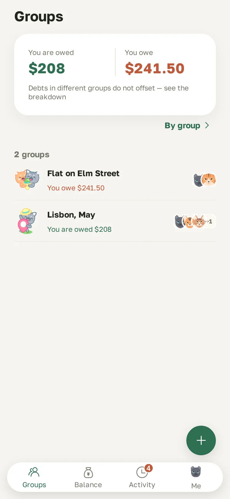 Home screen: how much you are owed and how much you owe across all groups