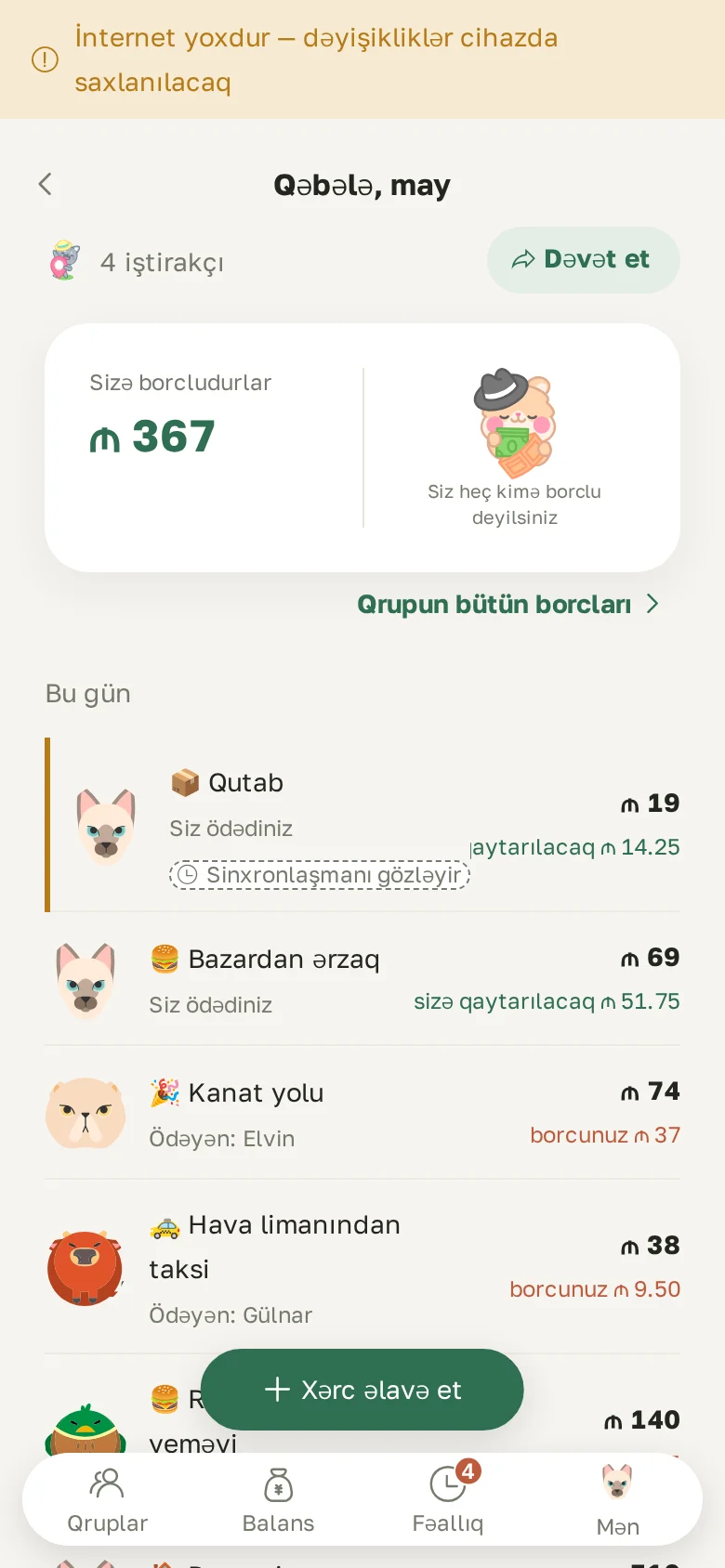 Şəbəkəsiz yazılmış, «Sinxronlaşmanı gözləyir» qeydli xərc