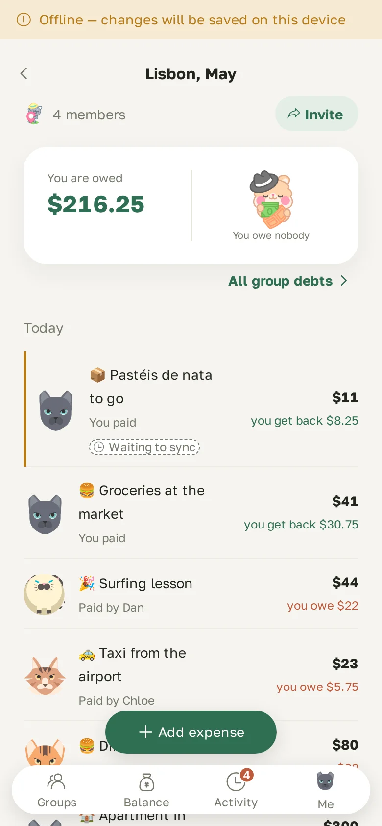 An expense logged offline, marked “Waiting to sync”