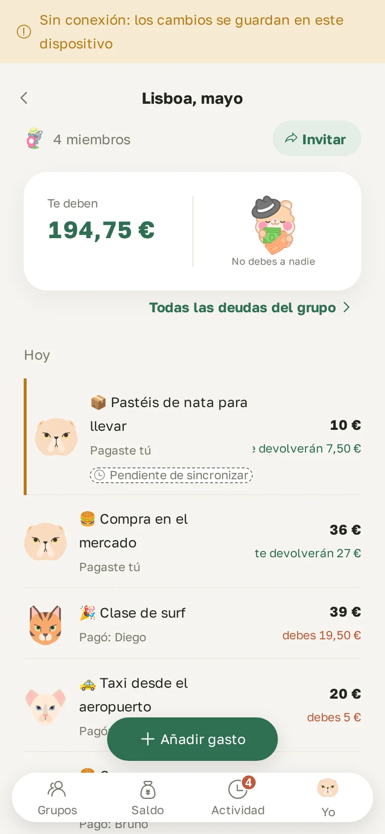 Un gasto apuntado sin conexión, marcado «Pendiente de sincronizar»