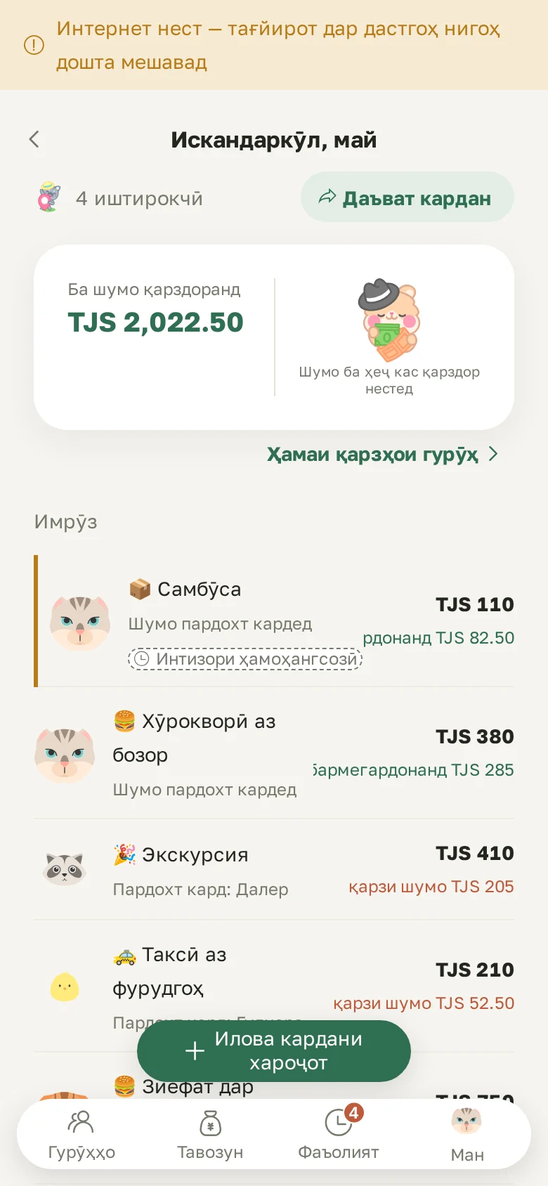 Хароҷоте, ки бе шабака навишта шуда, бо нишони «Интизори ҳамоҳангсозӣ»