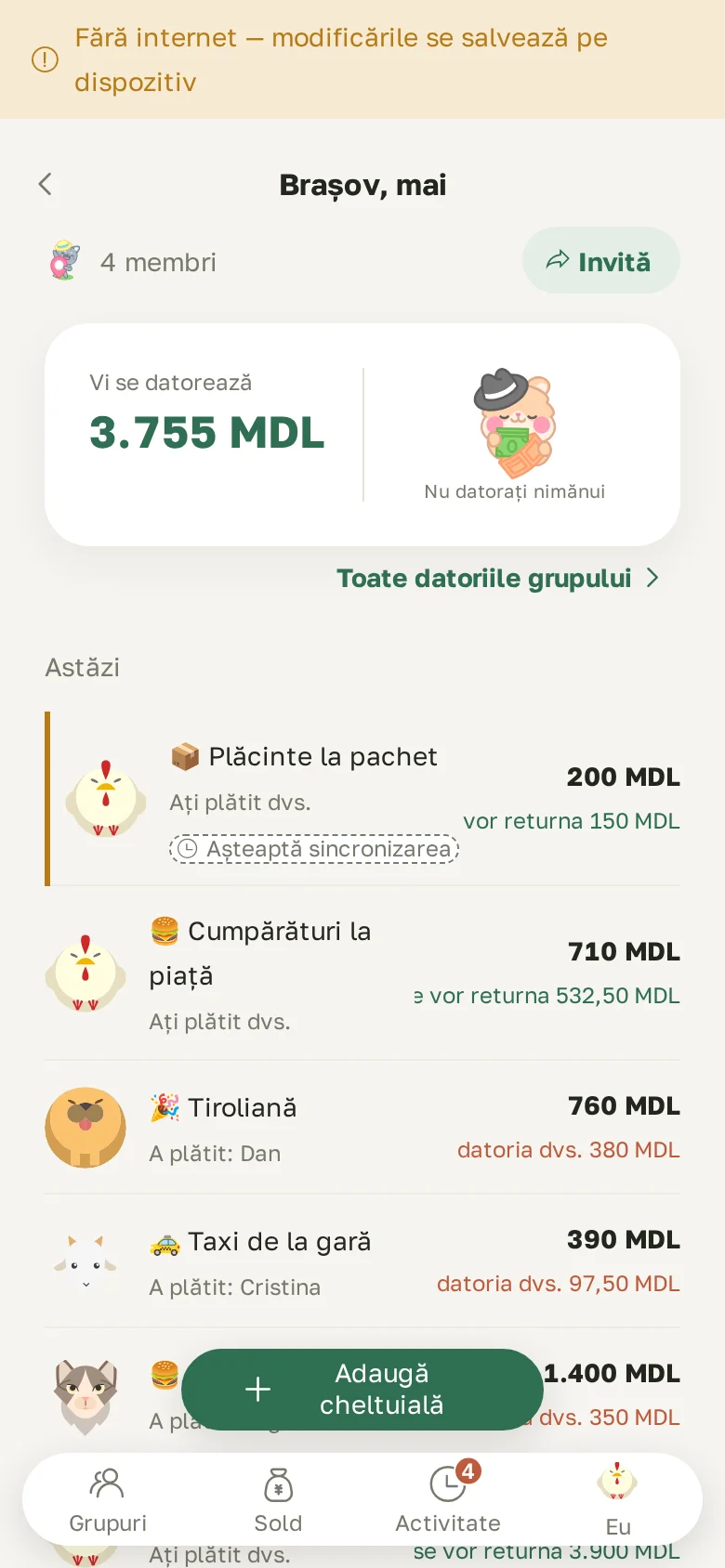 O cheltuială notată fără rețea, cu mențiunea „Așteaptă sincronizarea”