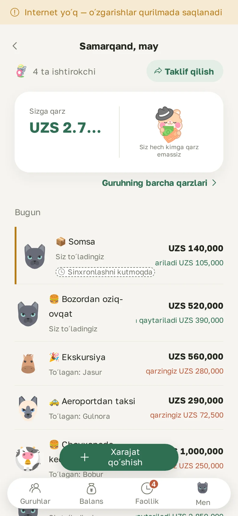 Tarmoqsiz yozilgan, «Sinxronlashni kutmoqda» belgili xarajat